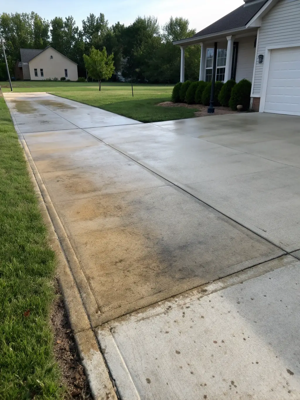 A concrete driveway in Jeffersonville, Indiana, freshly cleaned by Lightning Pressure Washing LLC, demonstrating the removal of stains and grime.